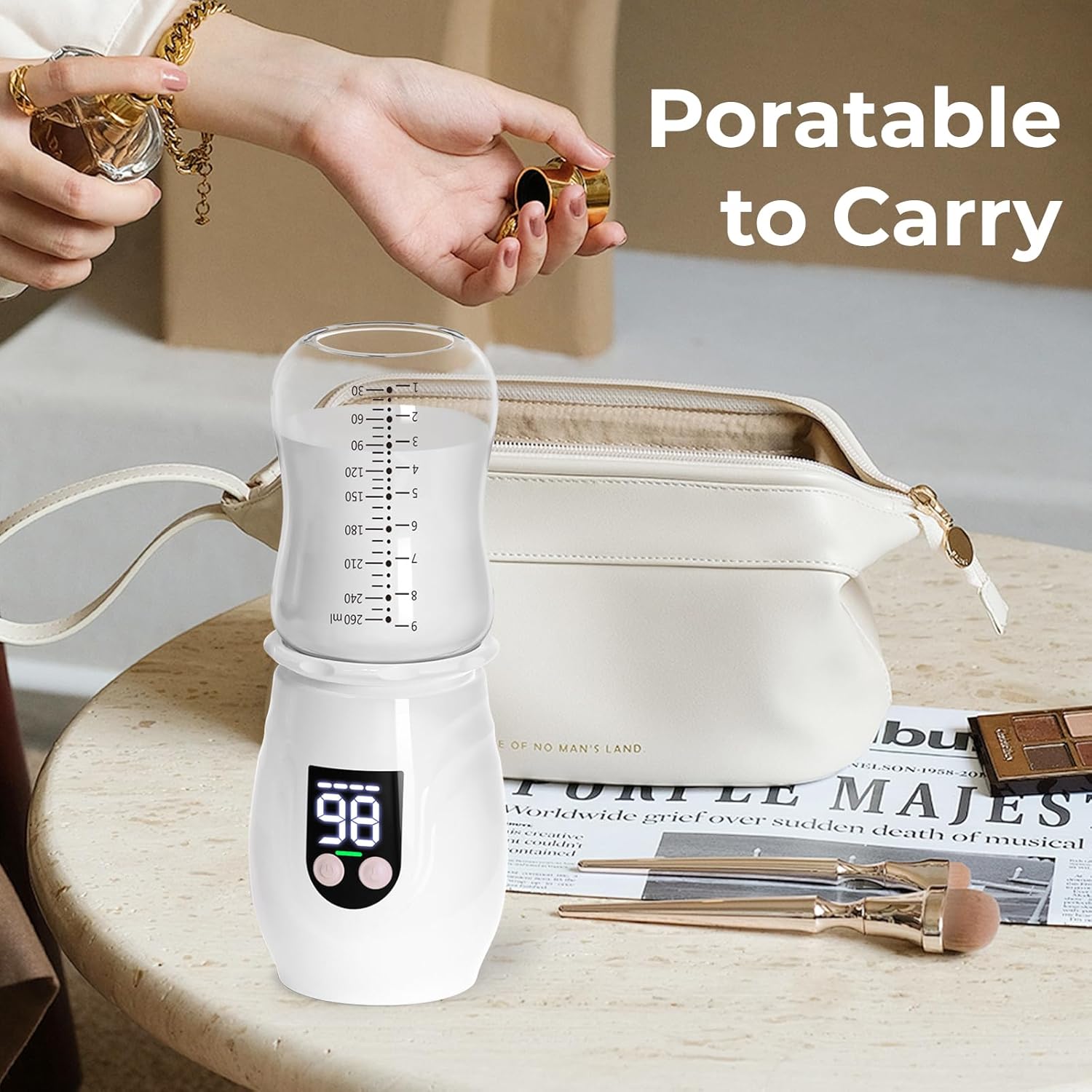 Portable Cordless Baby Bottle Warmer for Travel, Rechargeable with 8 Adapters & 1 Milk Powder