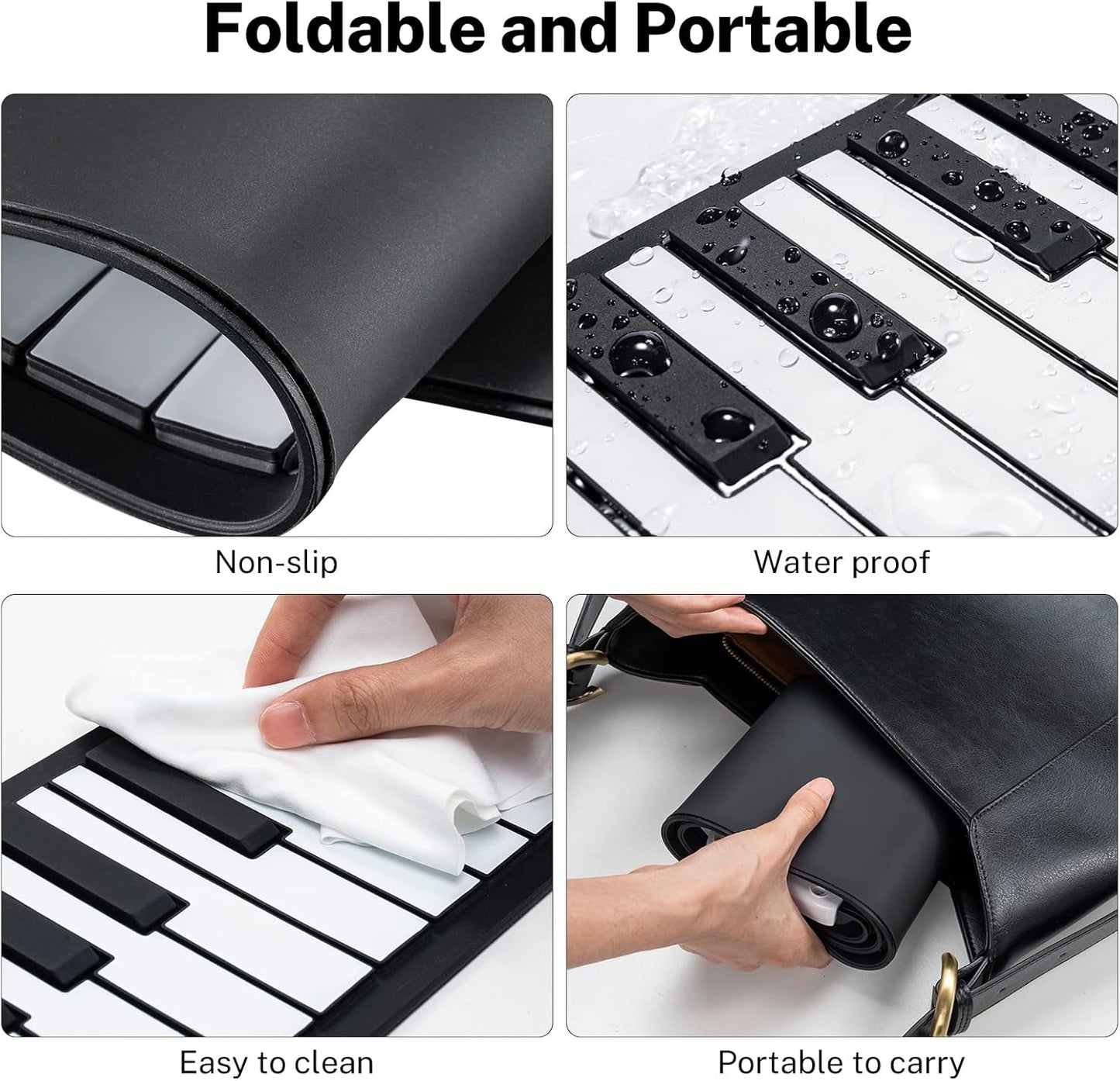 49 Key Roll Up Keyboard Piano, Portable Digital Electric Foldable Piano Keyboard, Rechargeable, 47 Tones, 14 Educational Demo Songs, for Beginners Gift (Black & White Key)