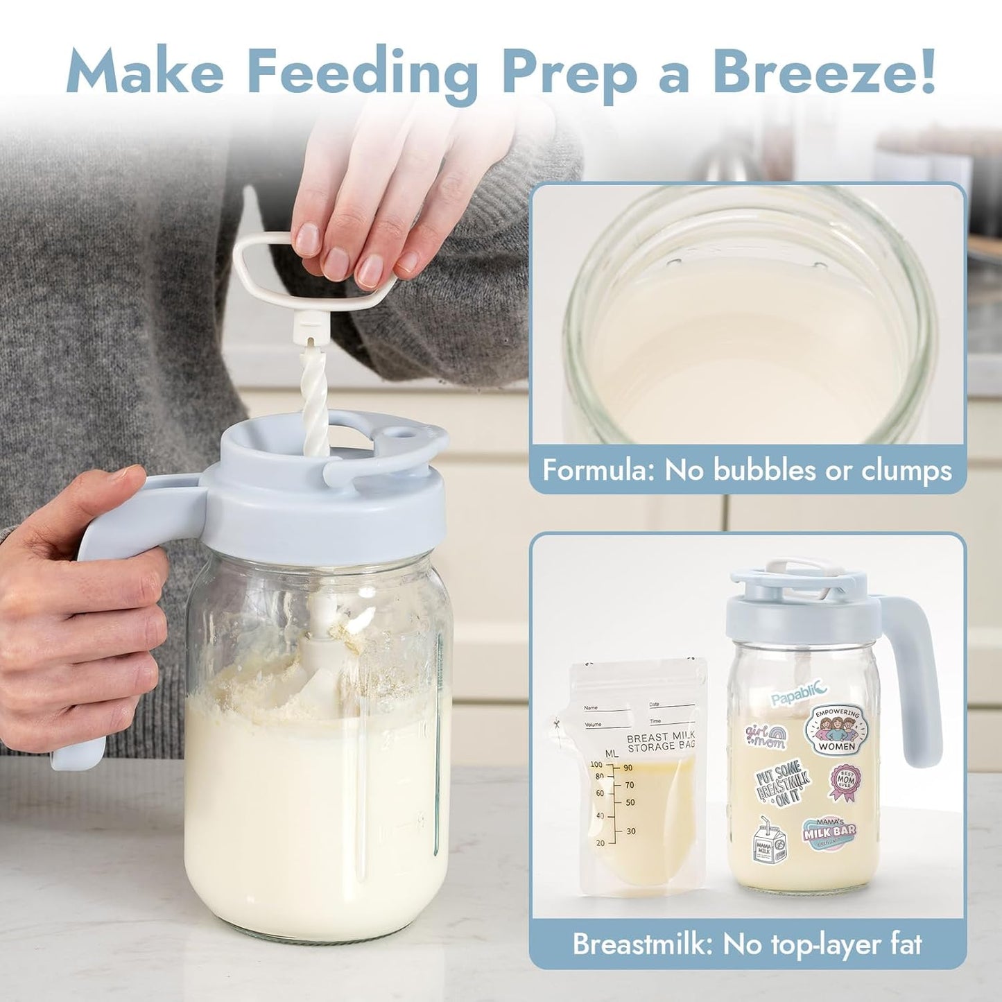 Papablic Glass Breastmilk Pitcher, Formula Mixing Pitcher with Mixing Handle Lid, Wide Mouth Mason