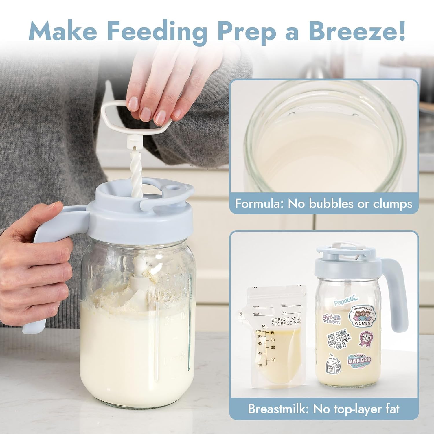 Papablic Glass Breastmilk Pitcher, Formula Mixing Pitcher with Mixing Handle Lid, Wide Mouth Mason