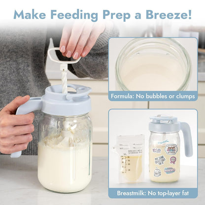 Papablic Glass Breastmilk Pitcher, Formula Mixing Pitcher with Mixing Handle Lid, Wide Mouth Mason