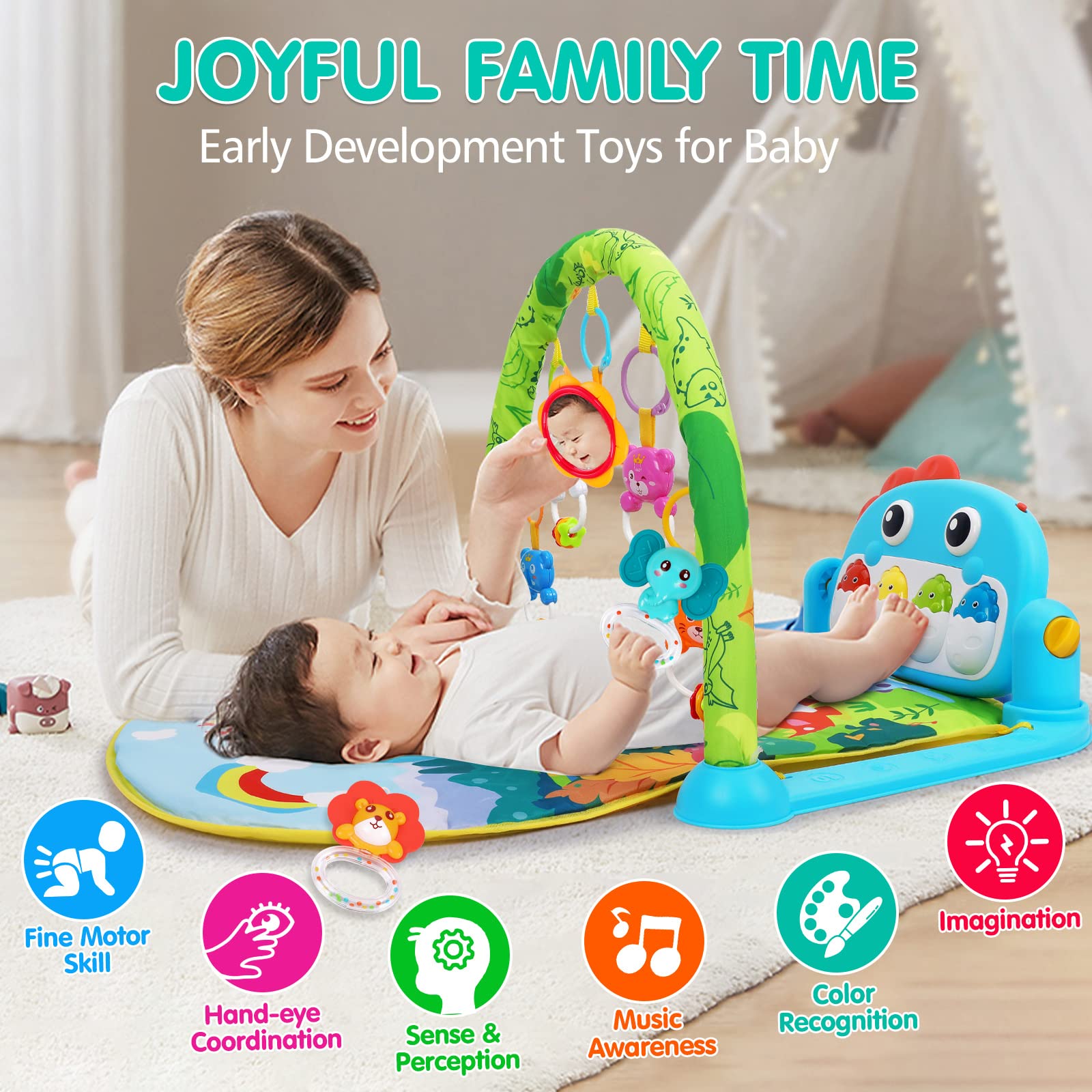 UMIKU Baby Gym Play Mat Baby Gifts Tummy Time Mat Activity Center, Dinosaur