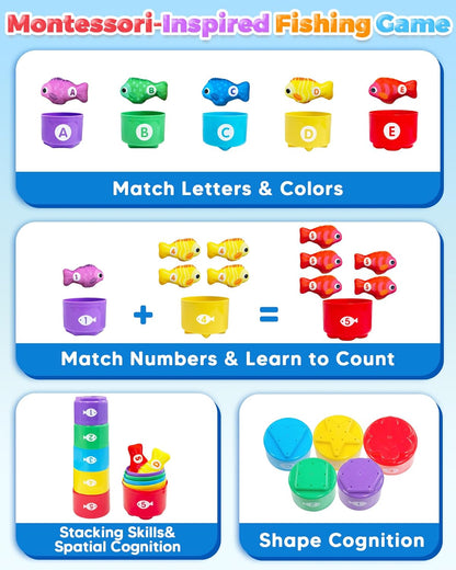 Montessori Toys for 1 Year Old, Toddler Fishing Game with Stacking Cups, Learning Educational Toys for 1 2 Year Old Boy Girl Birthday Gifts, Baby Toy 12-18 Months, Sensory Sorting Toy for Toddlers 1-3
