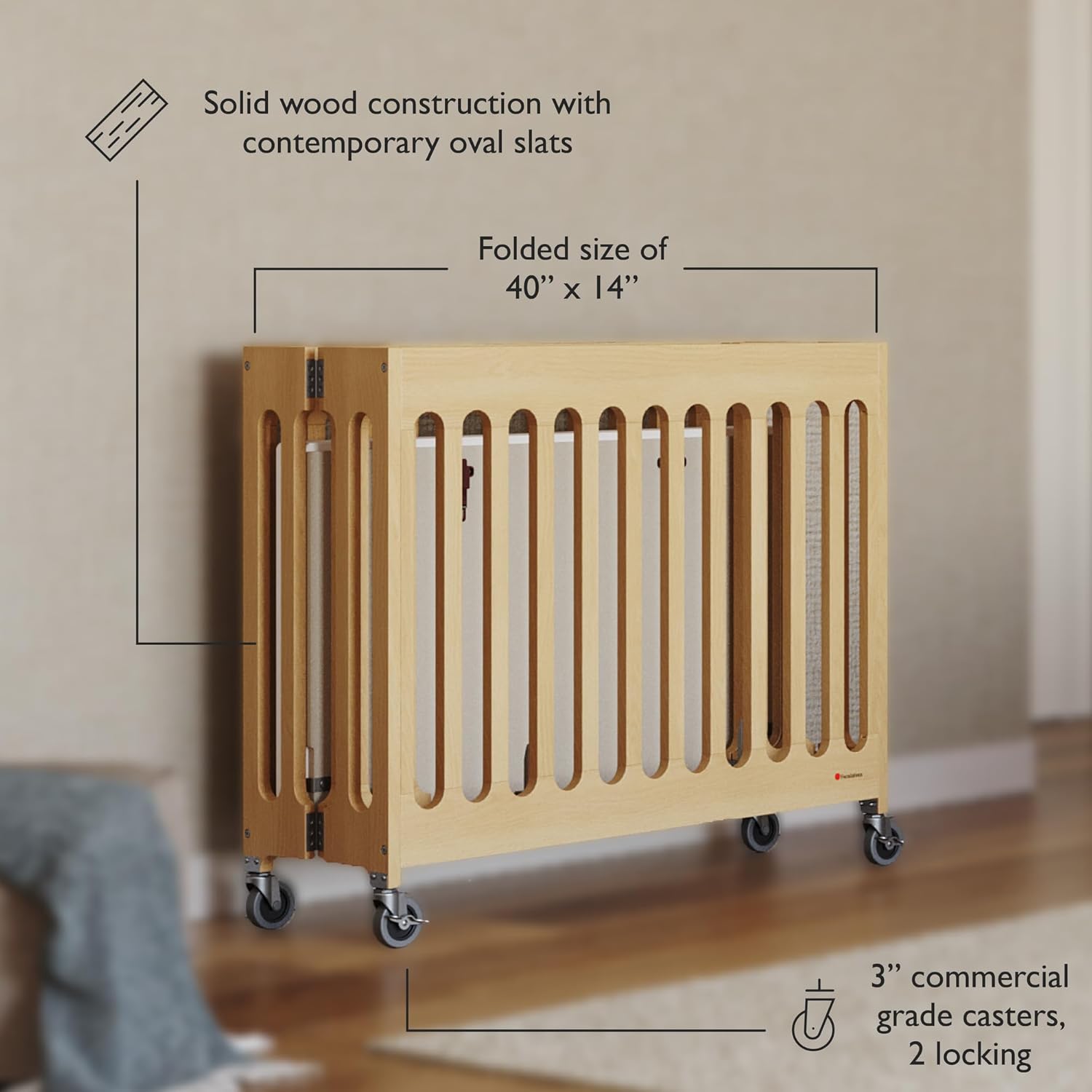 Foundations Boutique Folding Mini Baby Crib - Compact, Portable, Wooden Hotel Crib, Foldable Mini