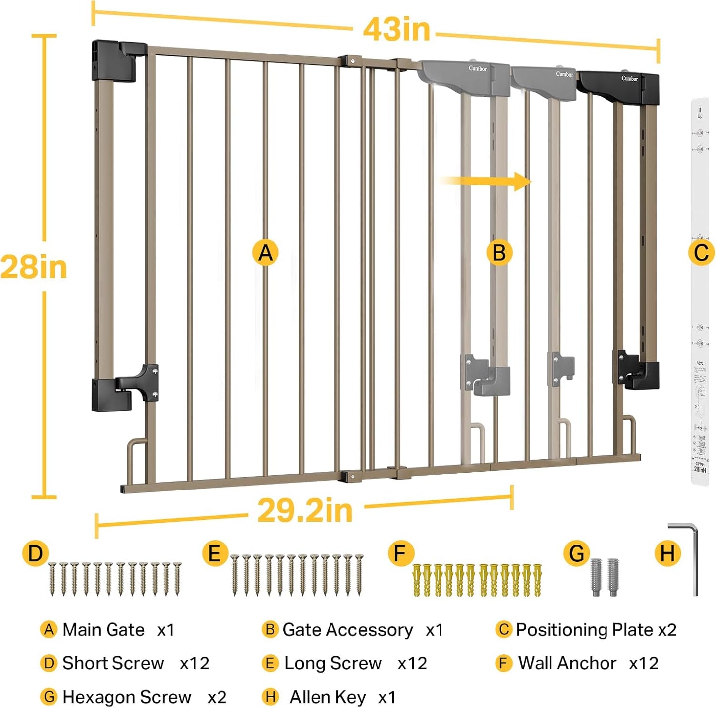 Cumbor 29.2-43" No Bottom Bar Baby Gate for Stairs, 2-in-1 Auto Close Dog Gate Indoor, Hardware Mounted Pet Gate for Doorways with Large Walk Thru Door, Child-Proof Safety Gate for Kids (Brown)