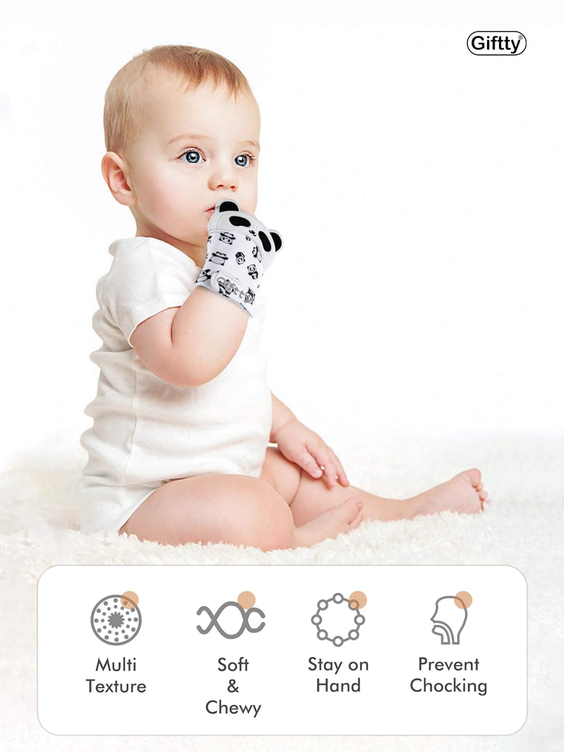 Giftty Panda Teether Mitt - Baby Teething Glove - BPA-Free Silicone - Black and White - 1 Pair + 1 Toothbrush