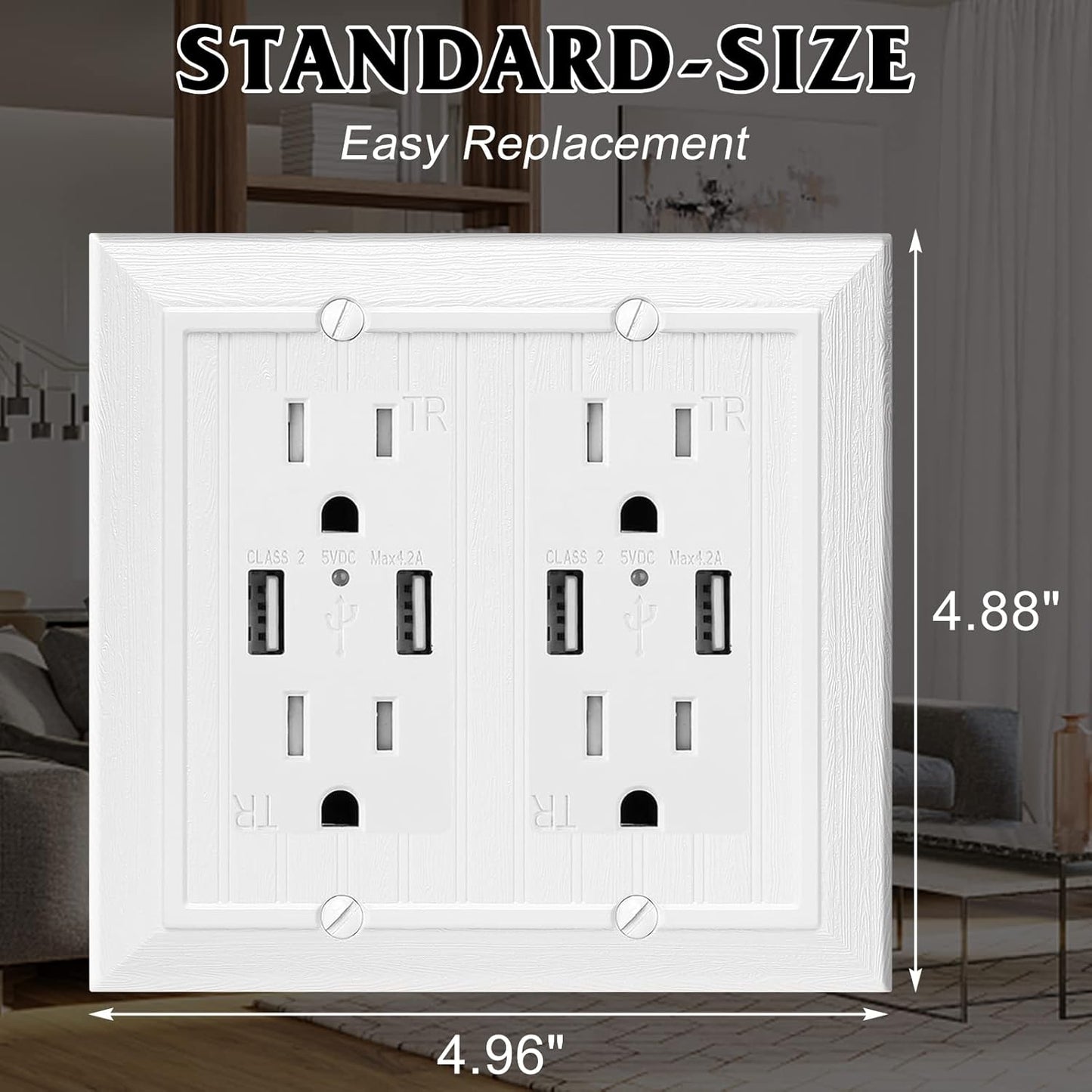 Modern Decorative Wall Plate Switch Plate Outlet Cover, Vintage Retro Wood Grain Design (Double Decorator-10 Pack, White)
