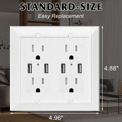 Modern Decorative Wall Plate Switch Plate Outlet Cover, Vintage Retro Wood Grain Design (Double Decorator-10 Pack, White)