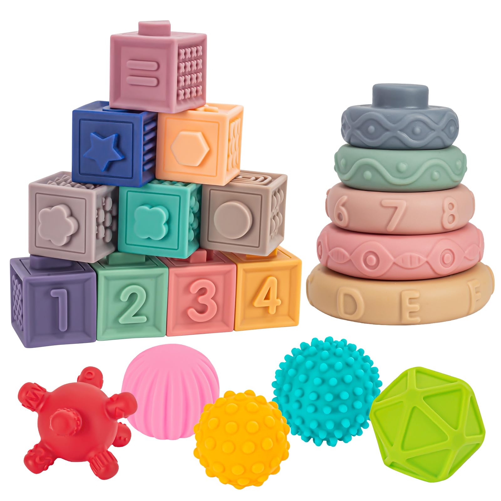 3 in 1 Baby Toys,Montessori Baby Blocks for 0-3-6-12 Months Babies