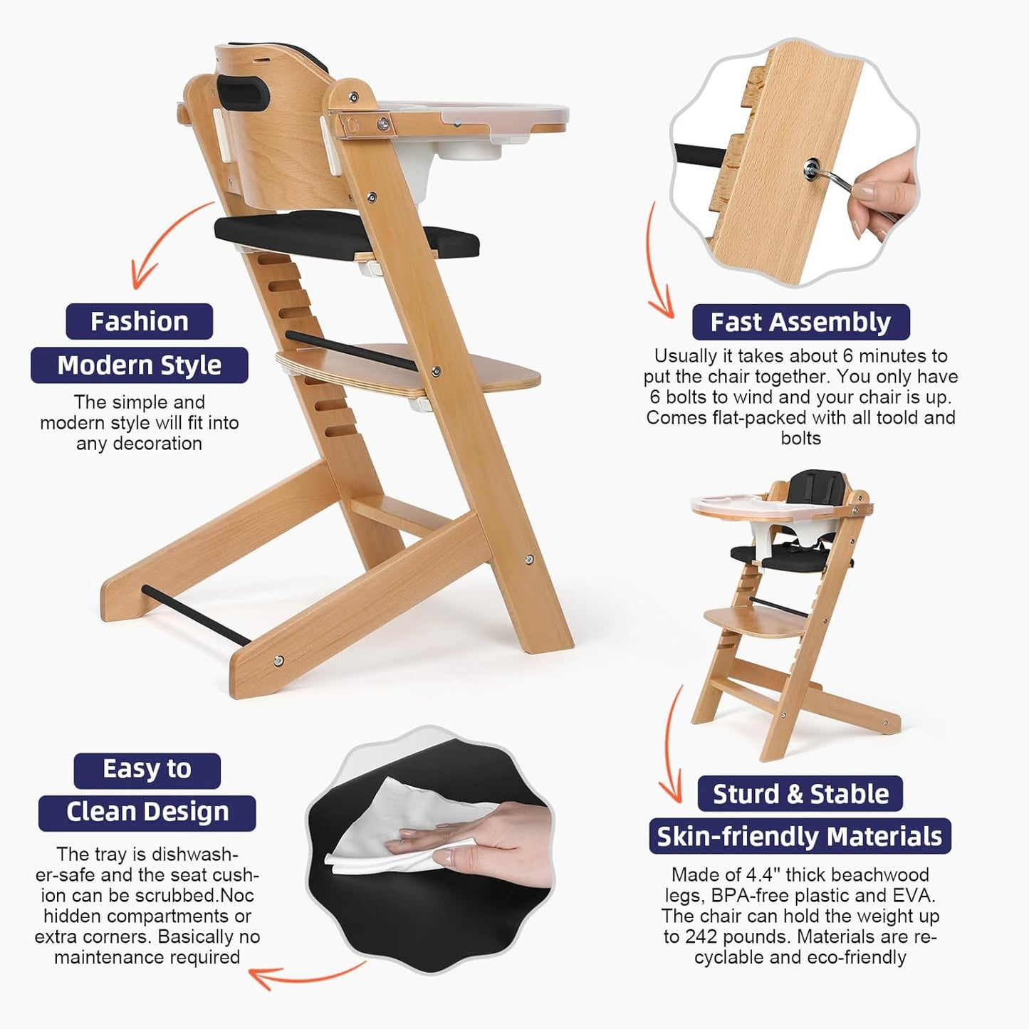 Cowiewie Natural Wooden High Chair for Babies & Toddlers 3-Tier Remove & 2 Adjustable Tray, 8
