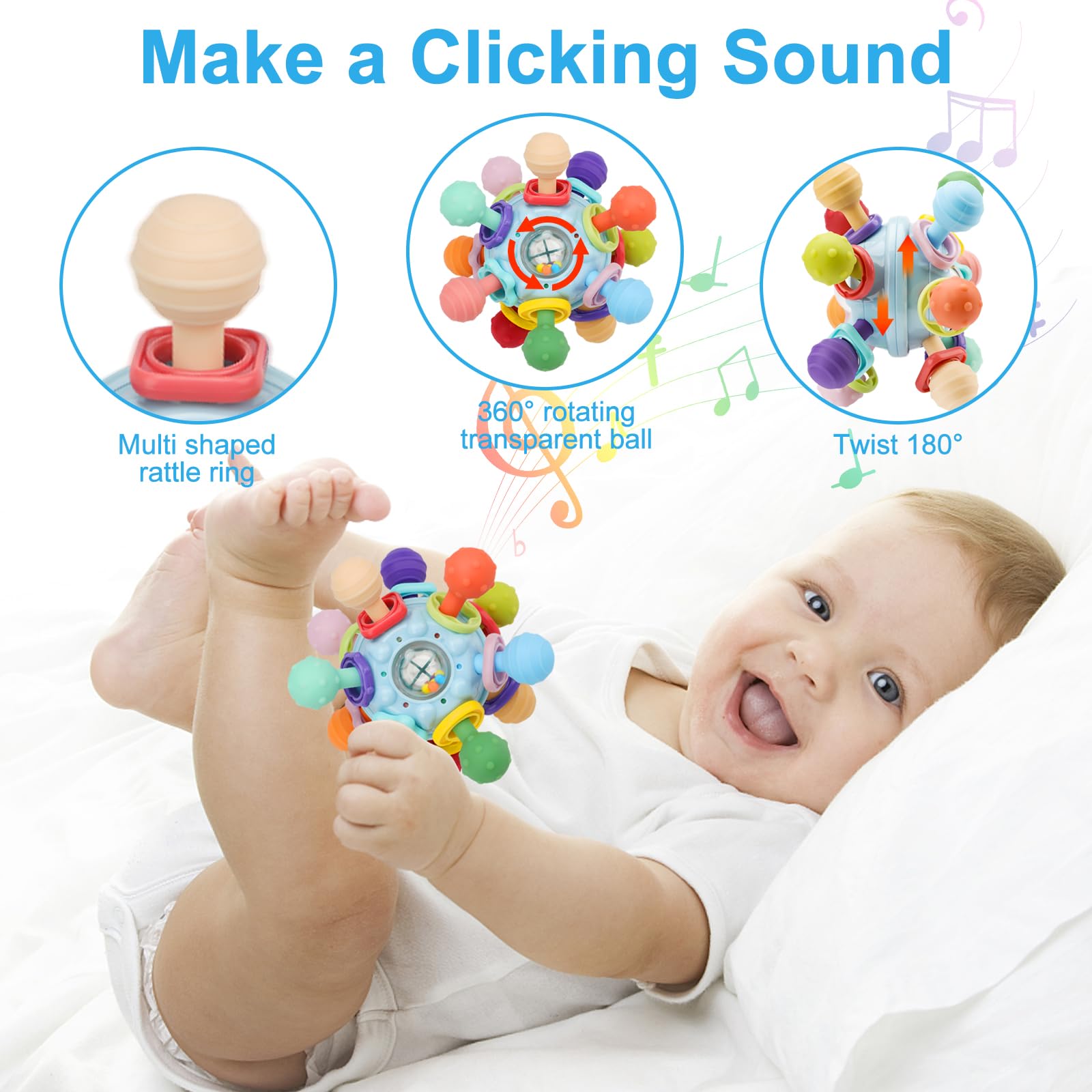 Baby Montessori Sensory Teething Toy 0-6 6-12 Months, Teether Ball & Rattle