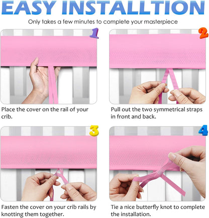 3 in 1 Breathable Crib Rail Covers for Life Size Cribs,White Soft Anti-Collision Strip Corner Covers,Protect Baby Teeth and Save Crib Rails, Rail Edge Protector Strip (Pink-4pc)