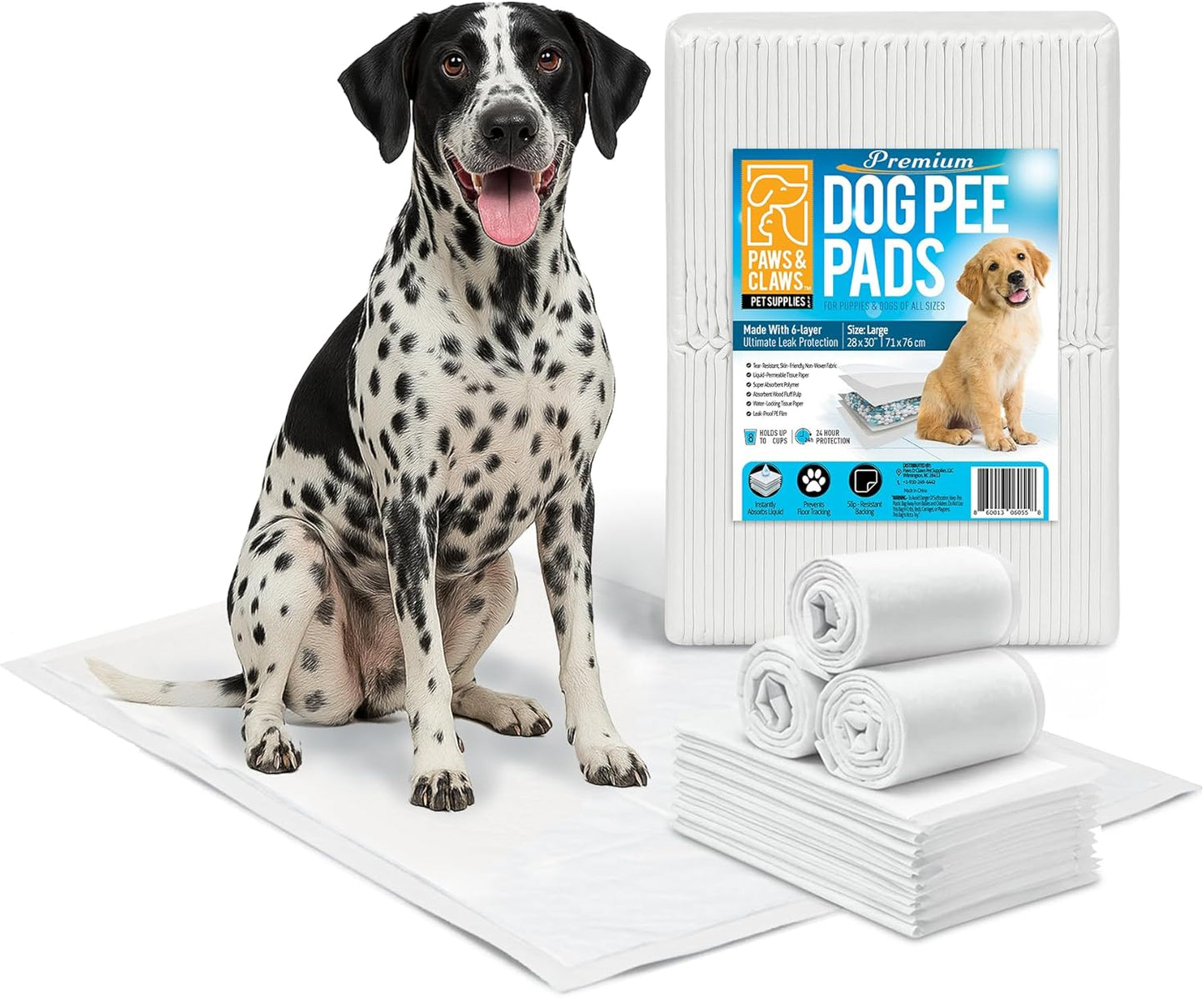 Paws & Claws Premium Disposable Dog Pee Pads, Large 28"x30", 40-Count – 6-Layer Leak-Proof, (Holds 8 Cups), Super Absorbent & Odor Control for Large Dogs, Seniors & Multi-Pet Homes