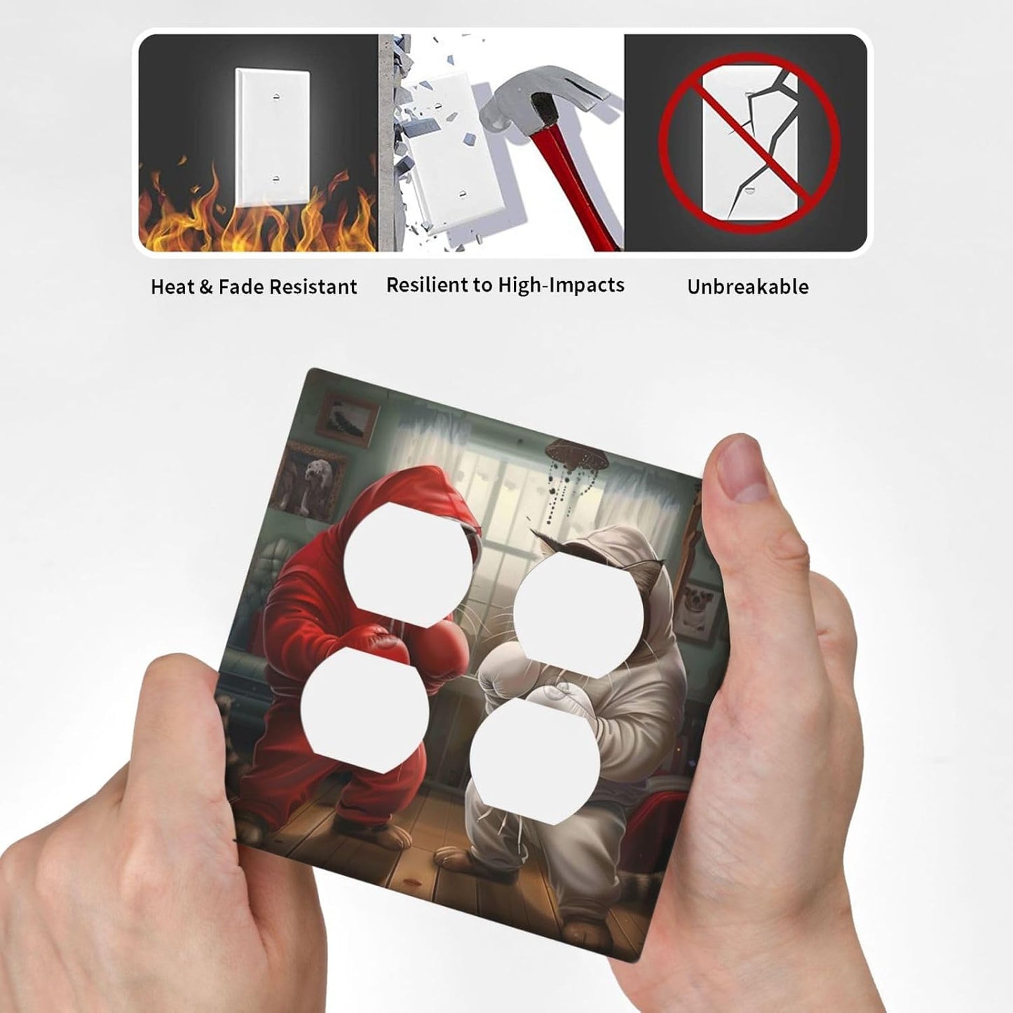 Decorative Outlet Covers Funny Red Boxing Cats White Tomcat 2 Gang Wall Plate Cover Double Duplex Receptacle Two Switch Light Switch Cover Plate Jumbo Dual Faceplate for Home Decor