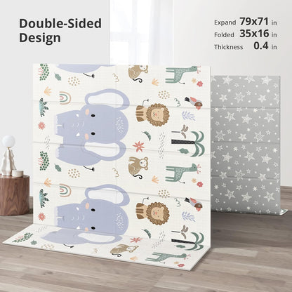 79x71 Foldable Baby Play Mat for Floor, Extra Large Non-Toxic Tummy Time and Crawling Playmat, Thick Foam Play Mat for Baby, Reversible Portable Babies Floor Mats for Infant, Toddler