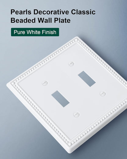 2-Pack Double Toggle Light Switch Cover Plate, Pearls Decorative Dual Switch Plate Covers, Pure White 2 Gang Metal Wall Plate, Corrosion Resistant