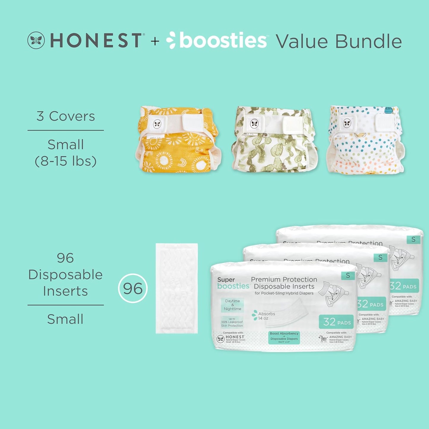 Super Boosties 96ct + Honest Hybrid Cloth Diaper Cover with Pocket-Sling, Small (8-15 lbs), Stops Nighttime Leaks, Boosties Disposable Diaper Inserts, Honest Cotton Muslin Covers, 3 Pack