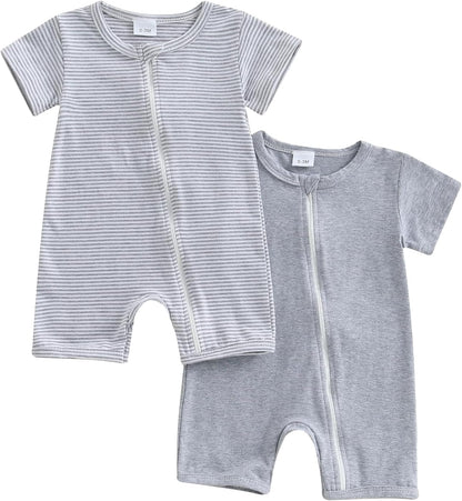 Merqwadd Baby Boy Girl 2 Pack Romper Short Sleeve Zipper Jumpsuit Plain Summer Clothes