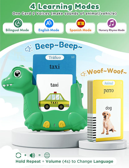 Spanish and English Talking Flash Cards for Toddlers with 510 Sight Words, Dinosaur Shaped Bilingual Pocket Speech Therapy and Autism Toys, Educational Learning Toys Gift for Kid Boys Girls