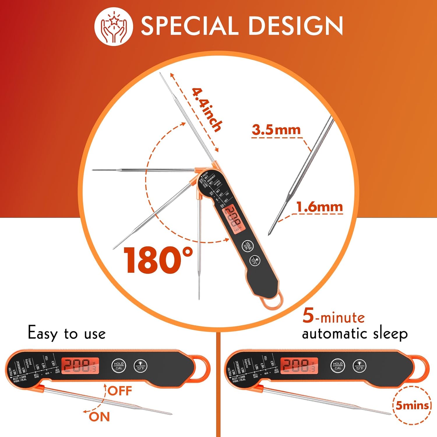 Meat Thermometer Digital with Backlight, Calibration & Hold Function, IP65 Waterproof Food