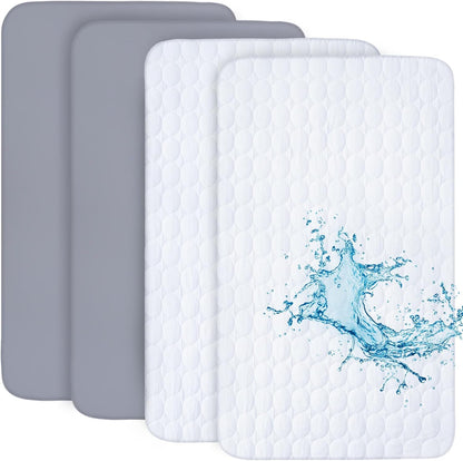 Crib Sheets and Waterproof Crib Mattress Protector 4 Pack Set,Waterproof Crib Sheets Mattress Pad Cover for Baby Boys and Girls, Grey