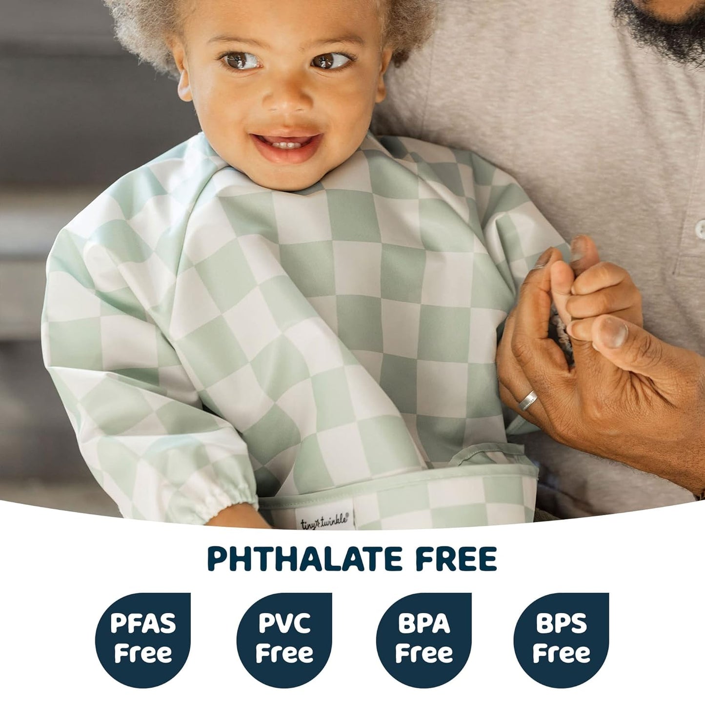 Tiny Twinkle Mess Proof Baby Bib,Waterproof Smock Baby Bib for Eating,Machine Washable Long Sleeve Bib,Baby Led Weaning,Toddler Bib,BLW Supplies(Checkers Sage, Small 6-24 Months)