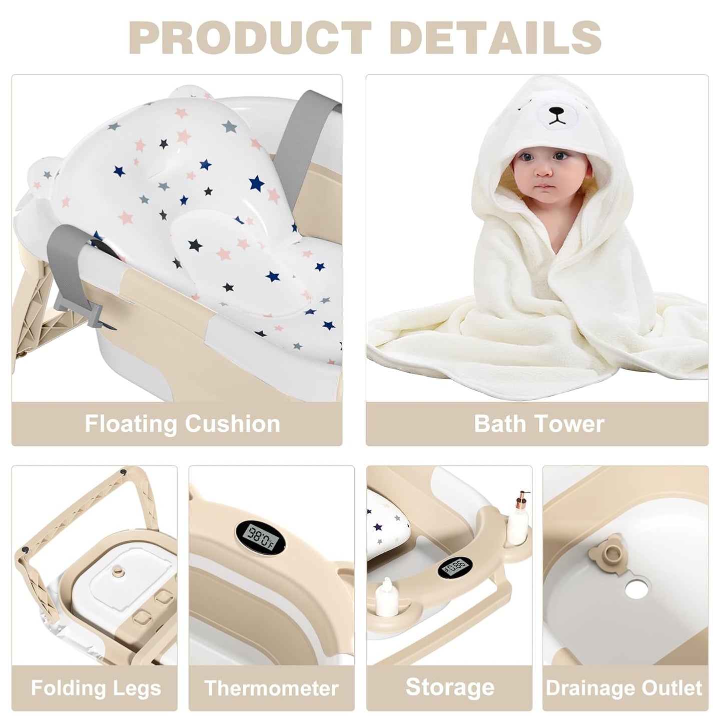 MoreFeel Collapsible Baby Bathtub for Newborn with Thermometer & 1 Hooded Towel & 1 Soft Floating