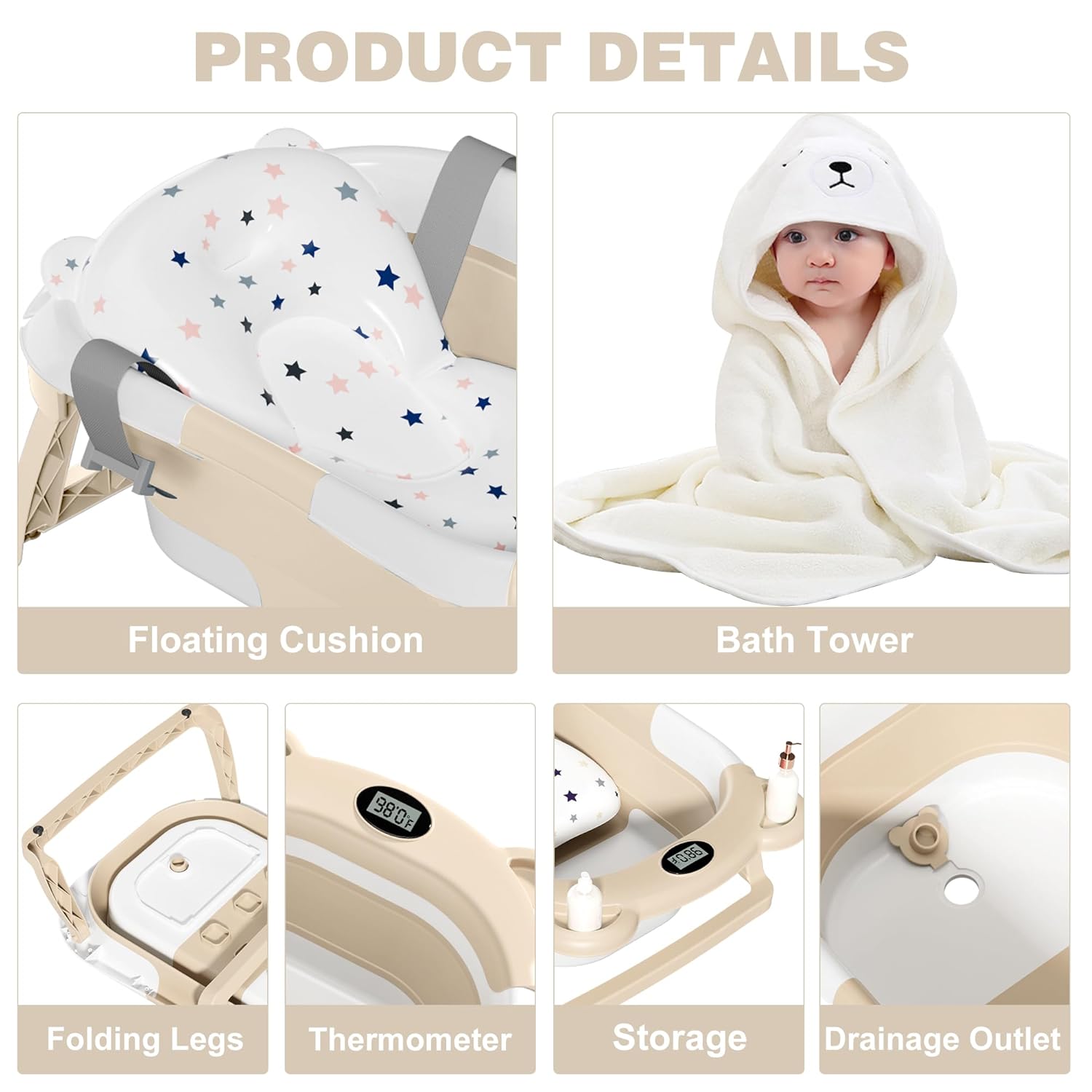 MoreFeel Collapsible Baby Bathtub for Newborn with Thermometer & 1 Hooded Towel & 1 Soft Floating