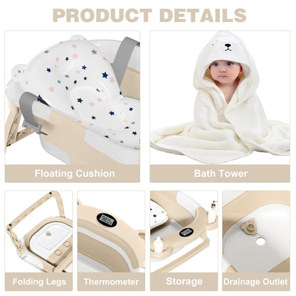 MoreFeel Collapsible Baby Bathtub for Newborn with Thermometer & 1 Hooded Towel & 1 Soft Floating