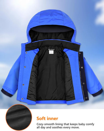 GEMYSE Toddler Boys Winter Coat Waterproof Ski Snow Jacket with Hood Thicken Warm Baby Jacket Outerwear