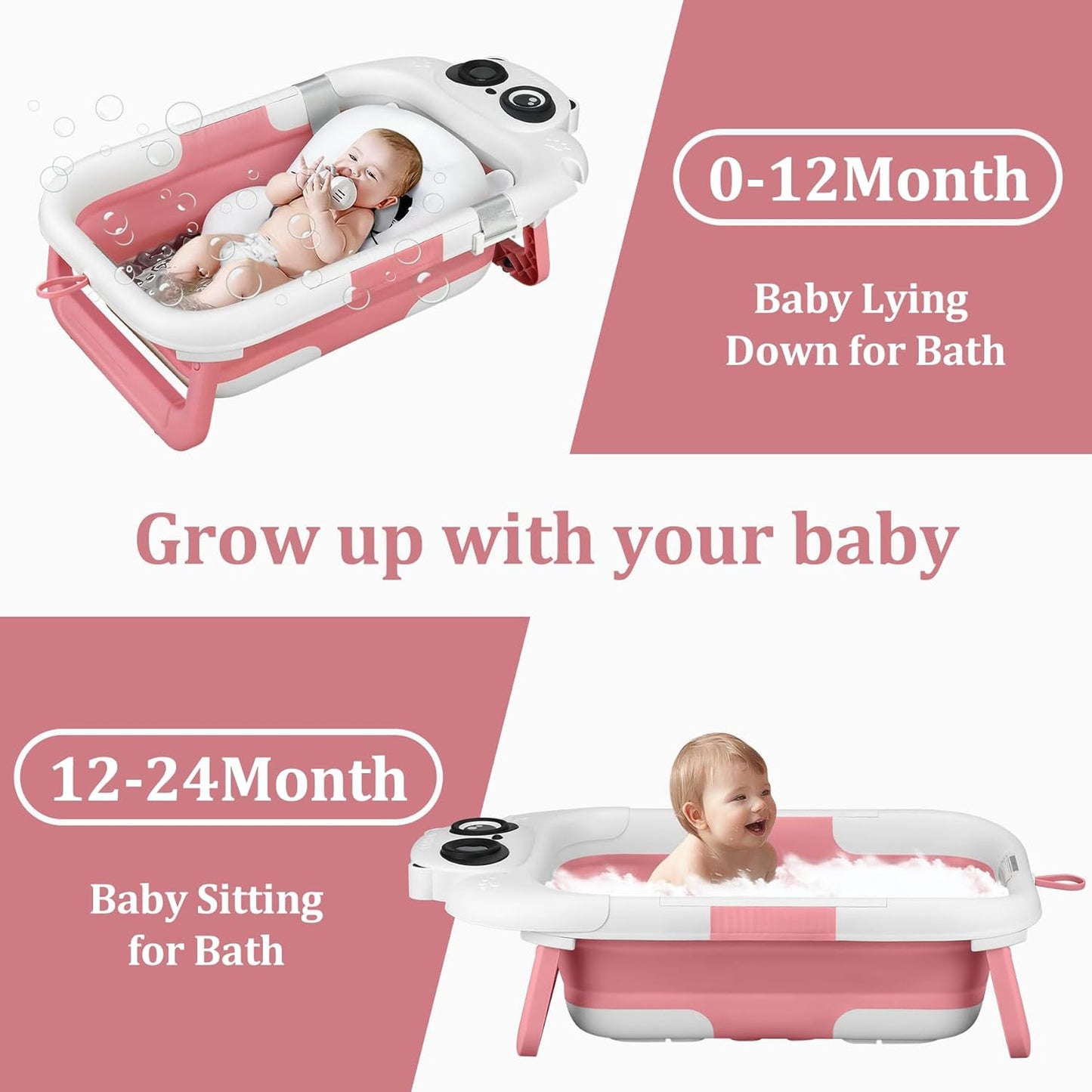 Foldable Baby Bathtub, Lightweight Bathtub for Infants to Toddlers with Soft Cushion & Thermometer