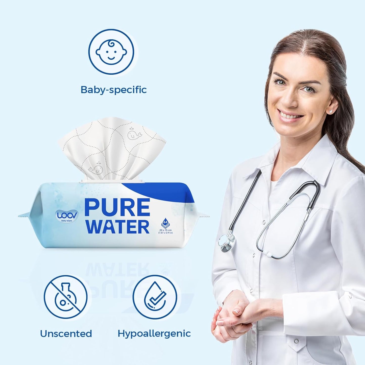 Hypoallergenic Baby Wipes, Pure Water Natural Wipes for Sensitive Skin, Unscented Baby Wipes for Face Hands & Bottom, 1024 Count (16 Packs of 64)