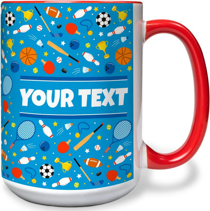 Personalized Mug for Kids - Sports - Custom Name/Text, Ceramic Hot Chocolate/Cocoa/Coffee Cup for Boys/Girls, Birthday/Christmas/Holiday Gift - 15 oz, Red Handle