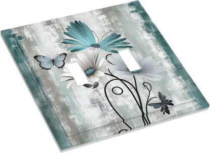 Decorative Switch Plates Rustic Teal Daisy Floral Flowers Butterfly Wood Grain 2 Gang Double Toggle Outlet Light Switch Cover Wall Plate Electrical Faceplate for Bathroom Bedroom Decor