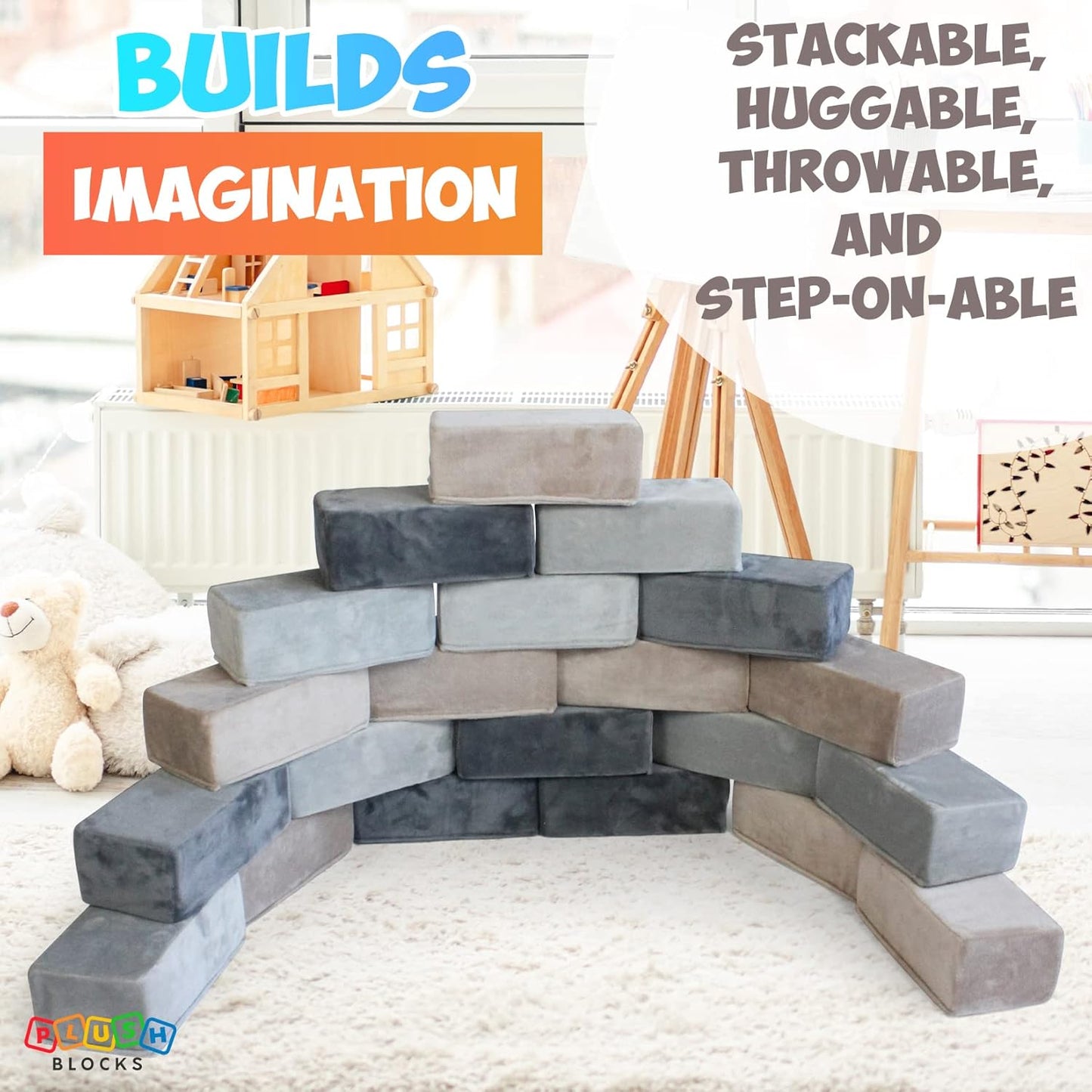 The Original Premium Plush Building Block for Kids - Certified Safe Foam Blocks in Luxuriously Soft Fabric Covers - Set of 24 (Castle Rock)