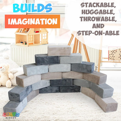 The Original Premium Plush Building Block for Kids - Certified Safe Foam Blocks in Luxuriously Soft Fabric Covers - Set of 24 (Castle Rock)