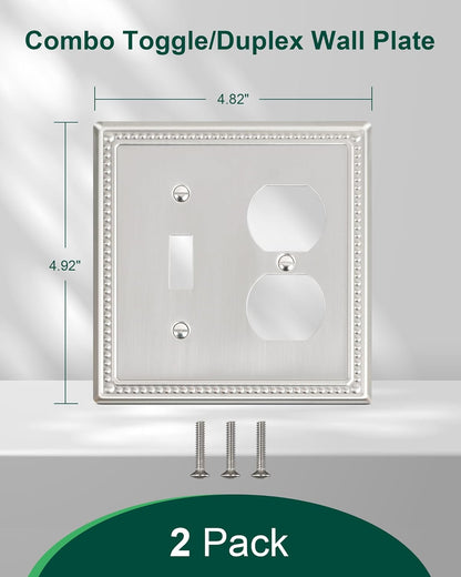 2-Pack Combo Toggle/Duplex Light Switch Cover Plate, Brushed Nickel Metal Wall Outlet Cover, Decorative Classic Beaded Wall Plate