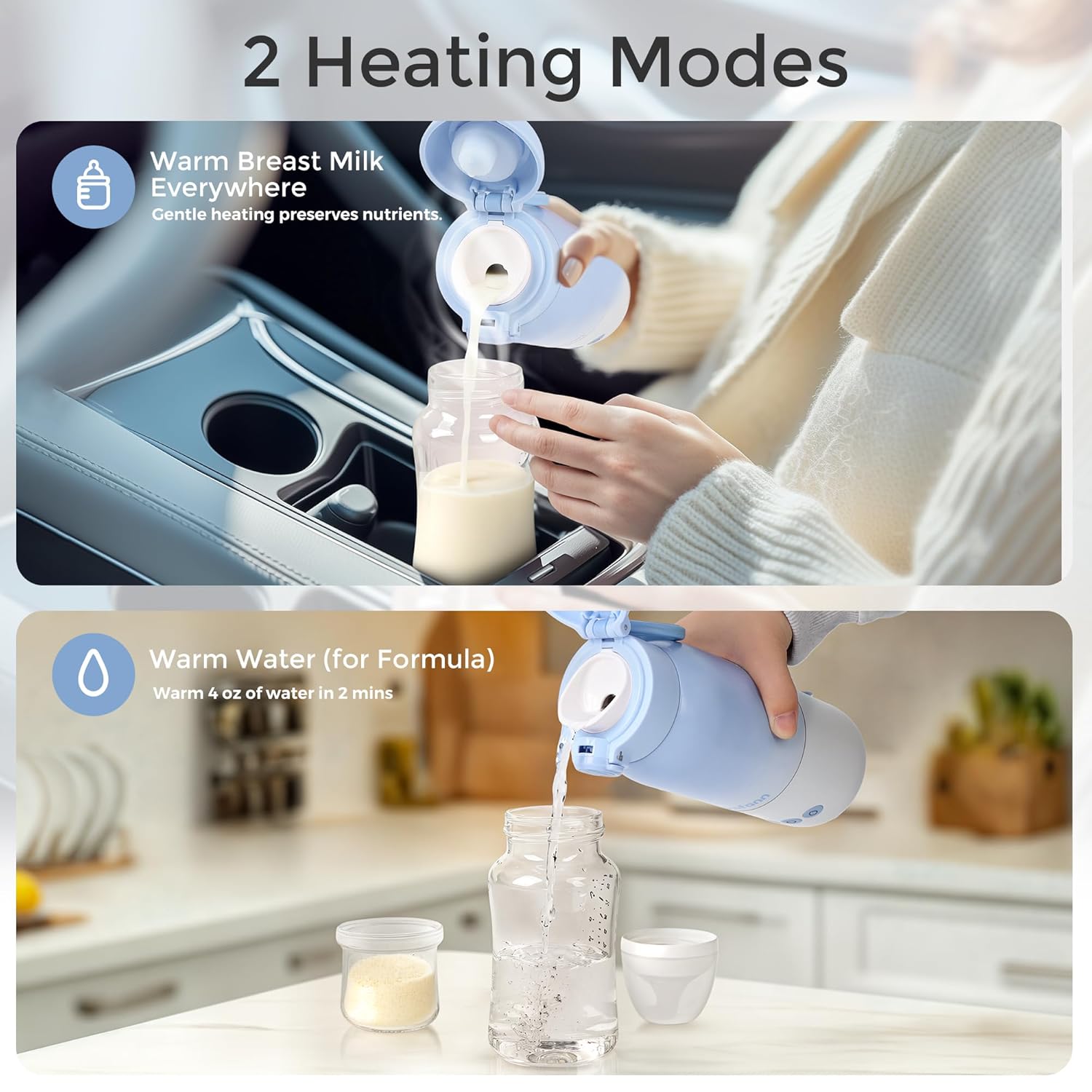 Portable Bottle Warmer for Travel, Dual Heating Modes for Breastmilk & Water, Portable Bottle Milk