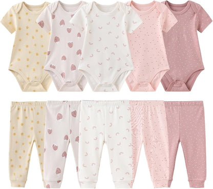 Baby Boy Girl 10 Piece Combined Type Clothing Set Cotton Baby Bodysuits and Pants Set Home Outdoor Infant Clothes