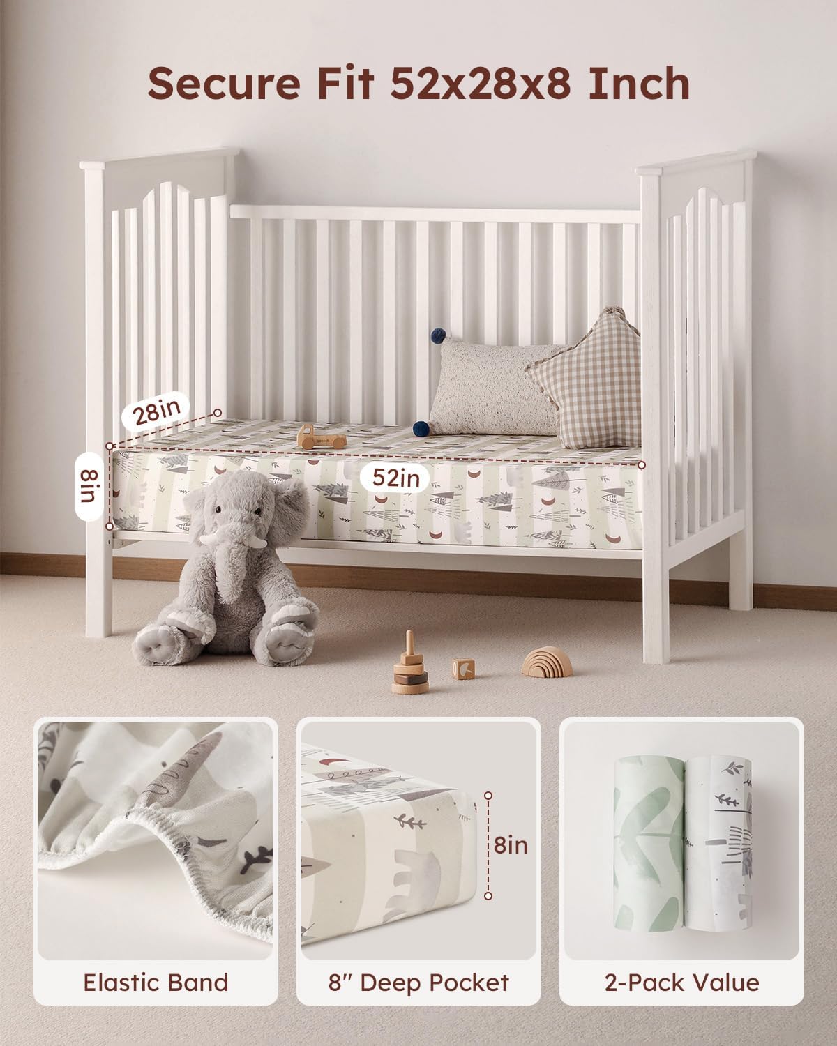 Yoofoss Baby Crib Sheets 2 Pack for Boys and Girls - 52x28 Fitted Crib Sheet Neutral Fits for