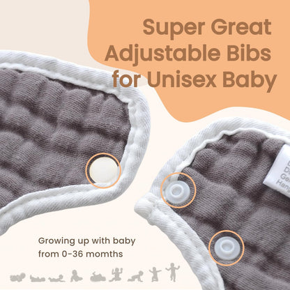 MUKIN Baby Drooling Towel, Snap Bibs, Muslin Bibs, 6 Pack, Adjustable, Soft Cotton