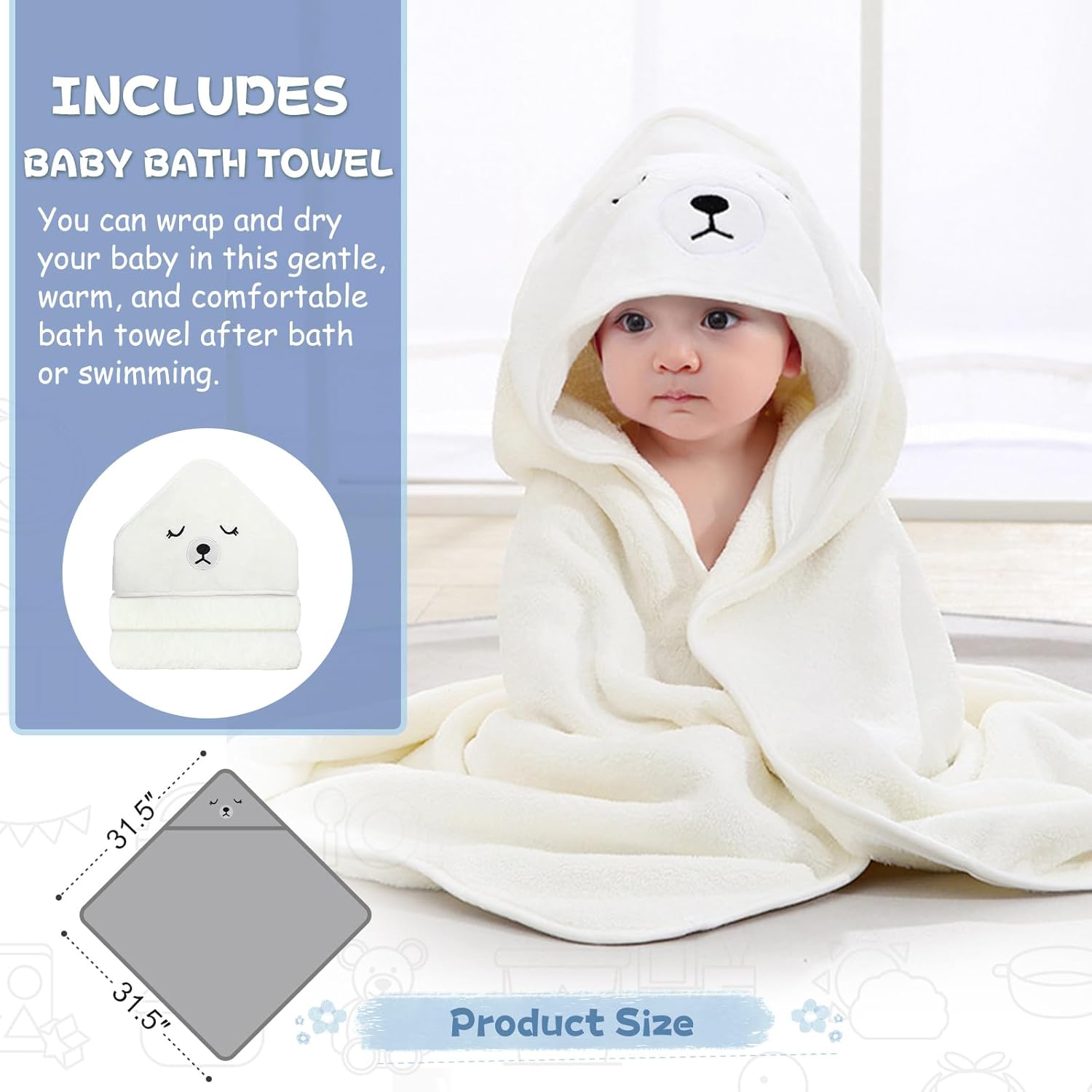 MoreFeel Collapsible Baby Bathtub for Newborn with Thermometer & 1 Hooded Towel & 1 Soft Floating