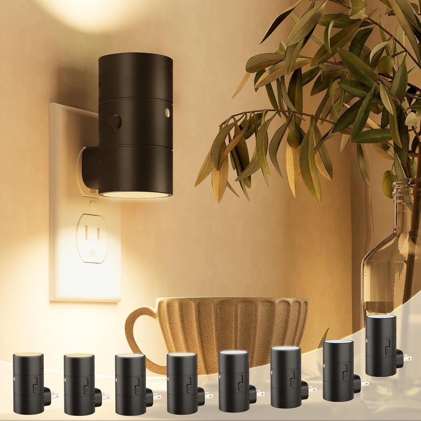 NIORSUN Dimmable Night Light,LED Night Lights Plug Into Wall 0-100LM with 3 Light Modes,Ultra-Slim Design,Dusk to Dawn Sensor,Night Light Plug in for Hallway Bathroom Stairway Bedroom,Black,8 Pack