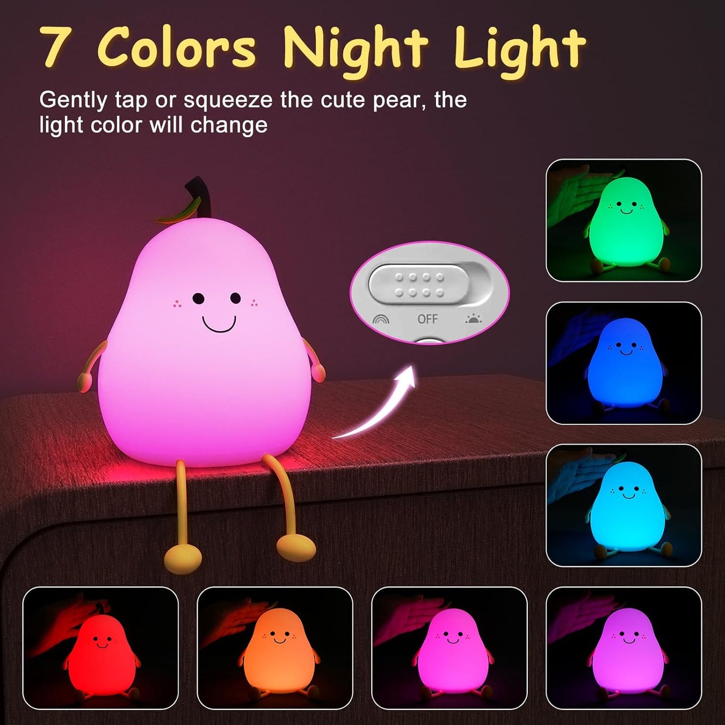 Aolyty Kids Night Light, Cute Silicone Pear Table Lamp Warm Light&7 Colors Modes Clap Light with Timer Dimmable Bedside Lamp USB Charge Gifts for Children Boys Girls Room Decor