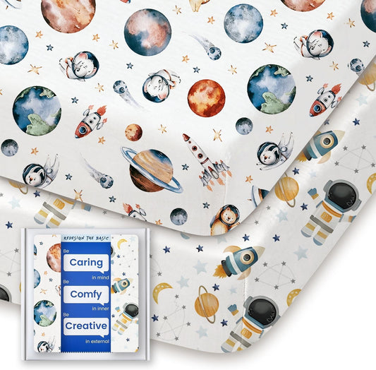 Graco Pack and Play Sheets Fitted, TotBasic Ultra Soft Mini Crib Sheets Boy, Neutral Pack N Play Mattress Sheets Hypoallergenic and Soothing, Premium Jersey Playrad Sheets, 2 Pack(Space Explorer)