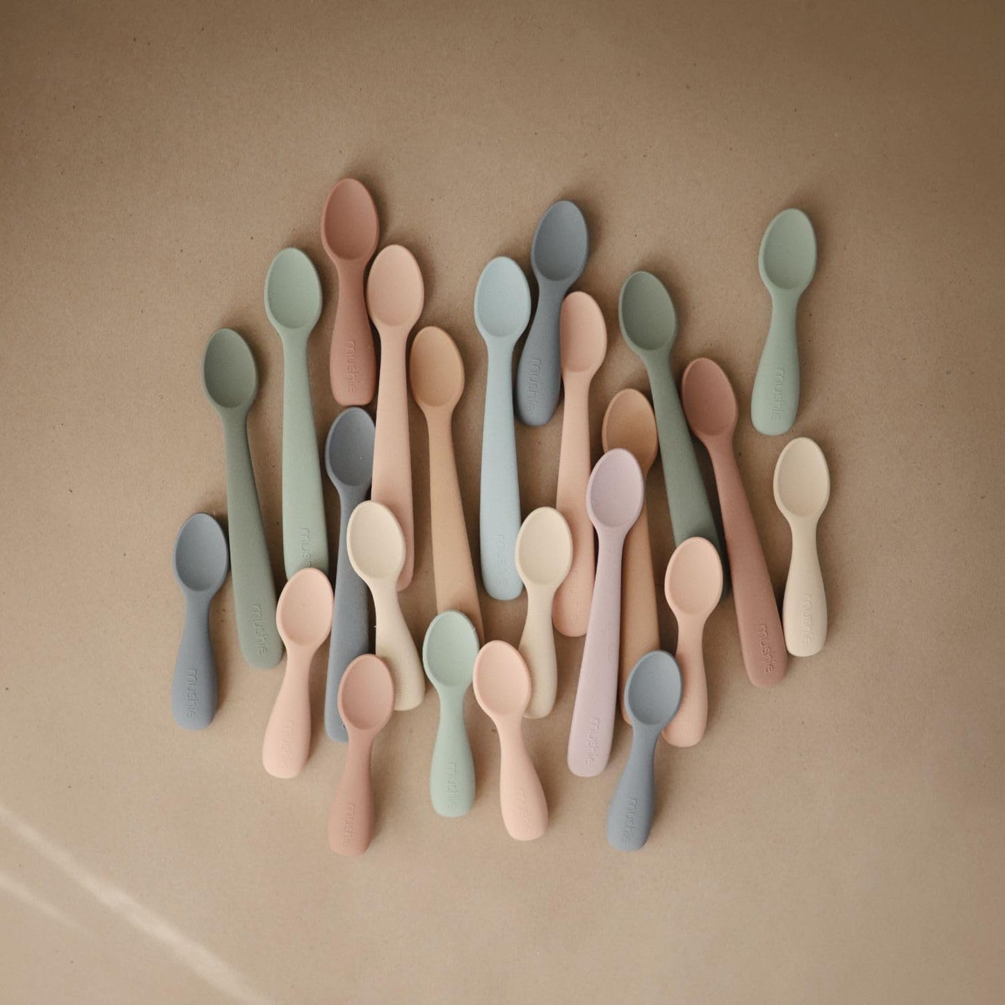 mushie Silicone Toddler Starter Spoons | 2 Pack (Natural/Shifting Sand)