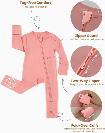 PATPAT Baby Footies Boys Girls - Bamboo Viscose - Zipper & Non-Slip Soles Romper Mitten - Footed & Footless Infant Clothes