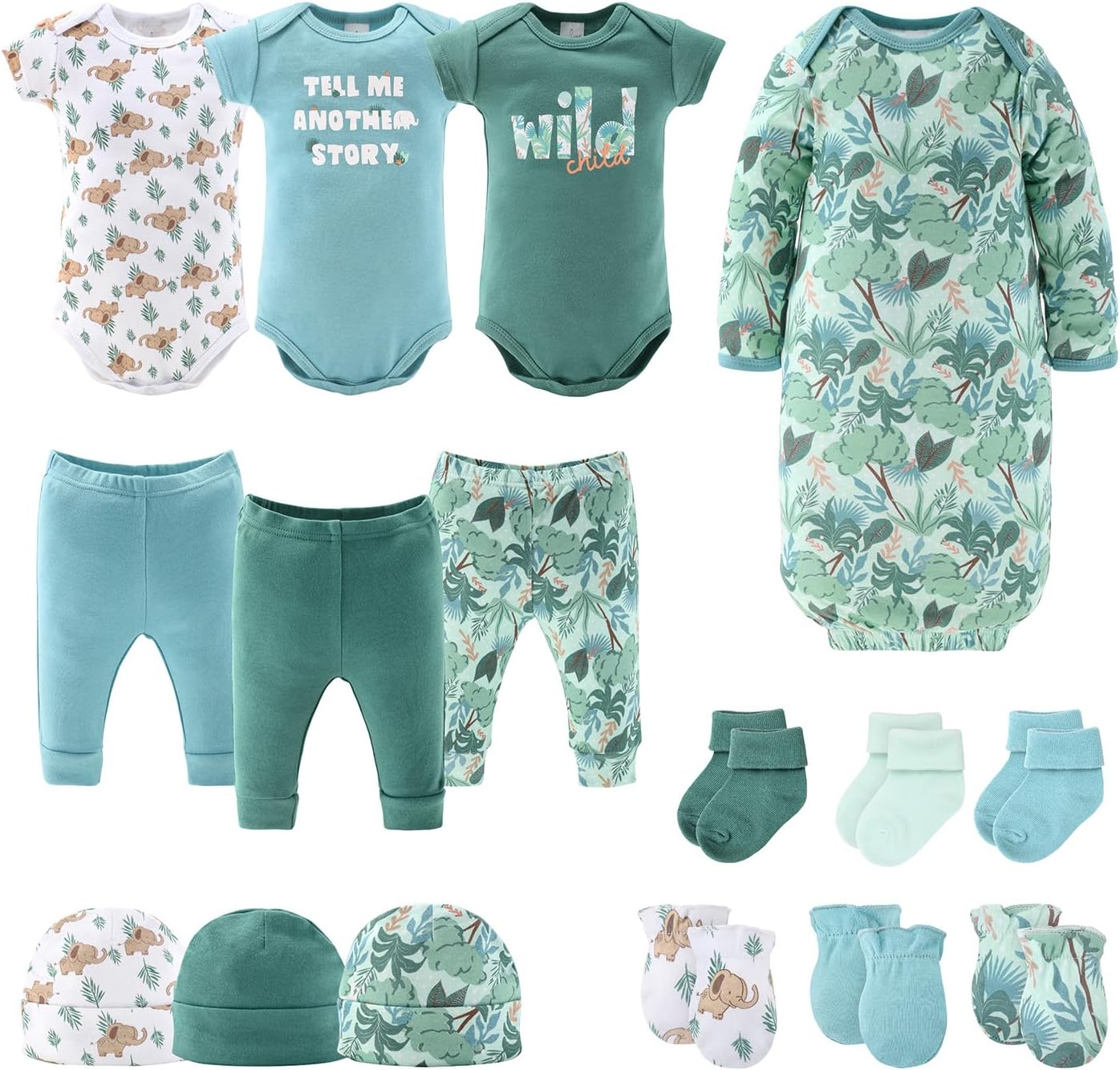 The Peanutshell Baby Layette Gift Set for Boys or Girls - Unisex Newborn to 9 Months Baby Clothes & Essentials - Wild Jungle
