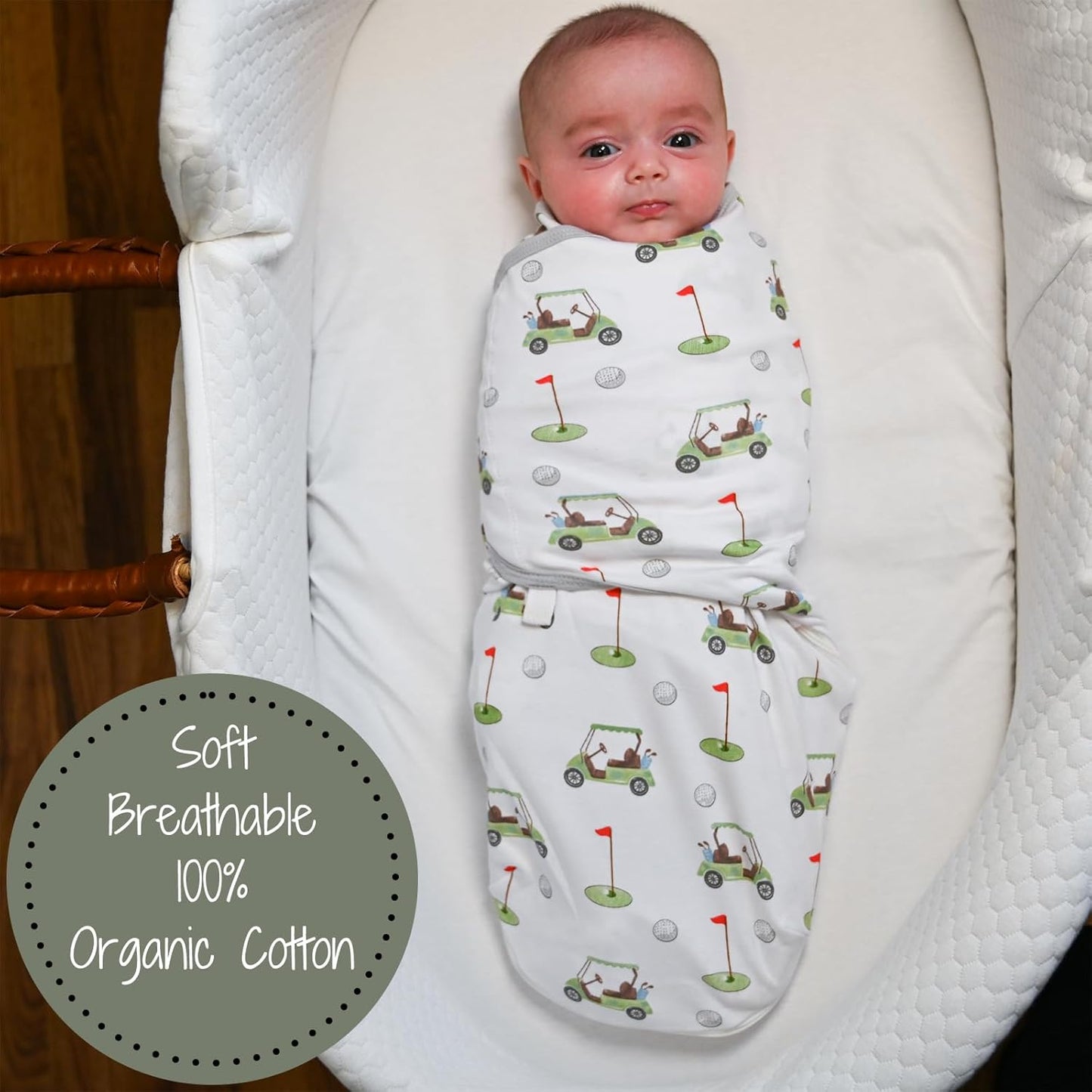 LollyBanks Baby Swaddles, 100% Organic Cotton Swaddles for Newborns Boys and Girls, 0-3 Months Swaddle Sacks with Easy Change Zipper, Swaddle Neutral Baby Registry (Golf Print)
