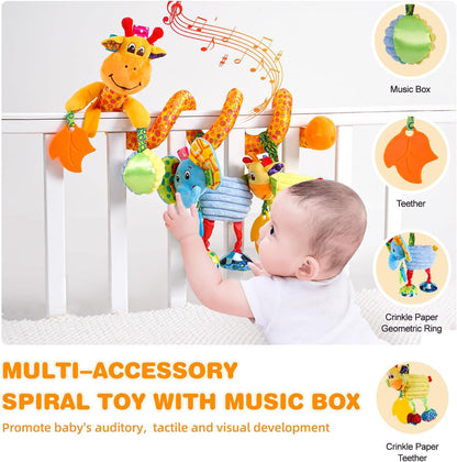 Jollybaby Crib Stroller Car Seat Toys for Baby 0-3-6-9-12 Months, Tummy Time Hanging Sensory Toys for Newborn with Music Box and Teether, Spiral Carseat Toy for Infant Boys Girls Gifts (Giraffe)